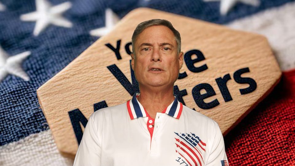 Todd Balash in front of a "Your Vote Matters" sign